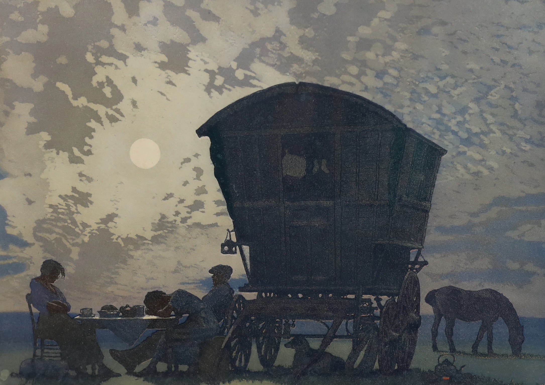 Edward Louis Lawrenson (British, 1868-1940), Gypsy cart under moonlight, aquatint, 27 x 37cm